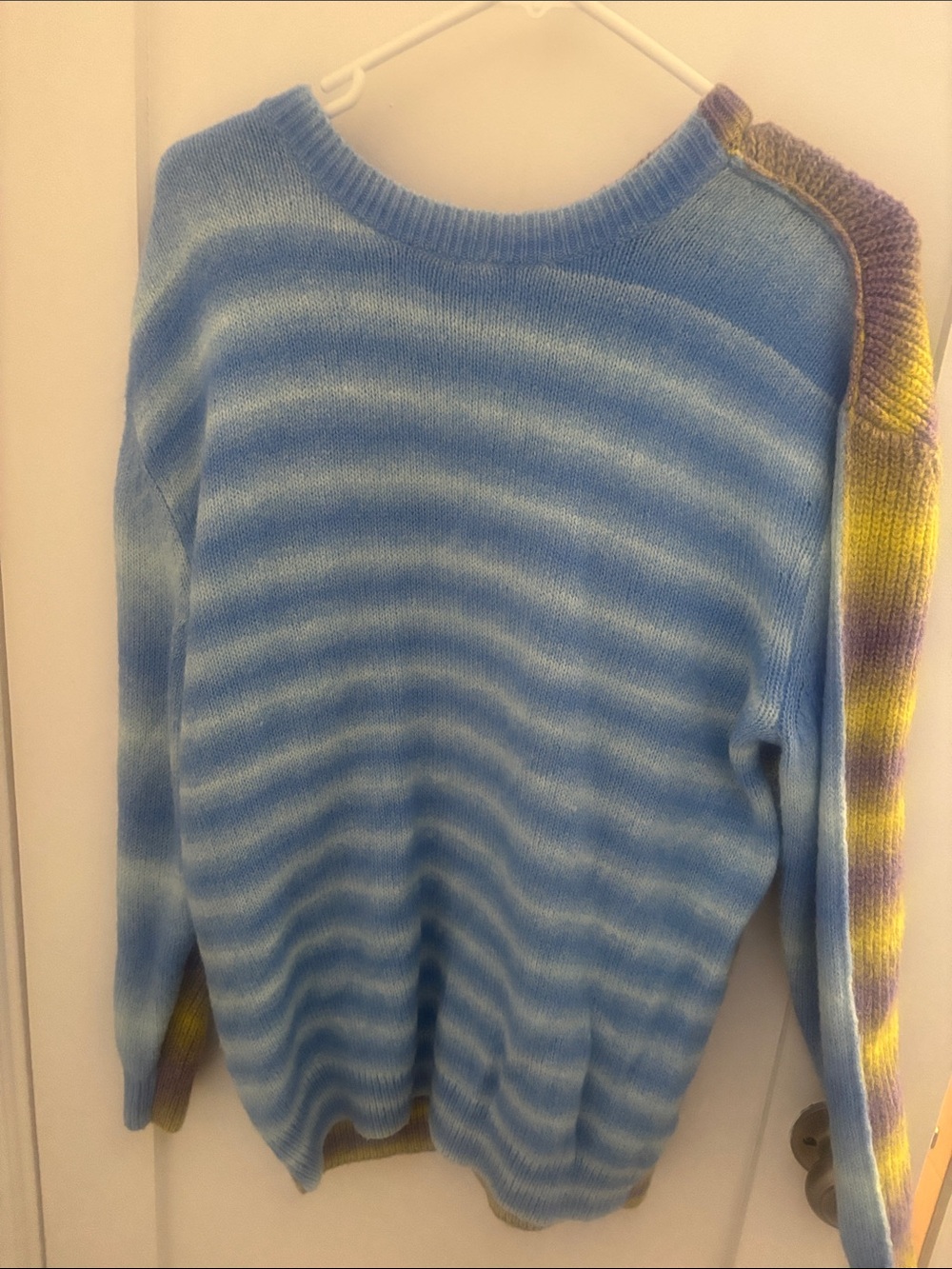 Esprit Blue Striped Crewneck Sweater with Yellow-Purple Accent Sleeve